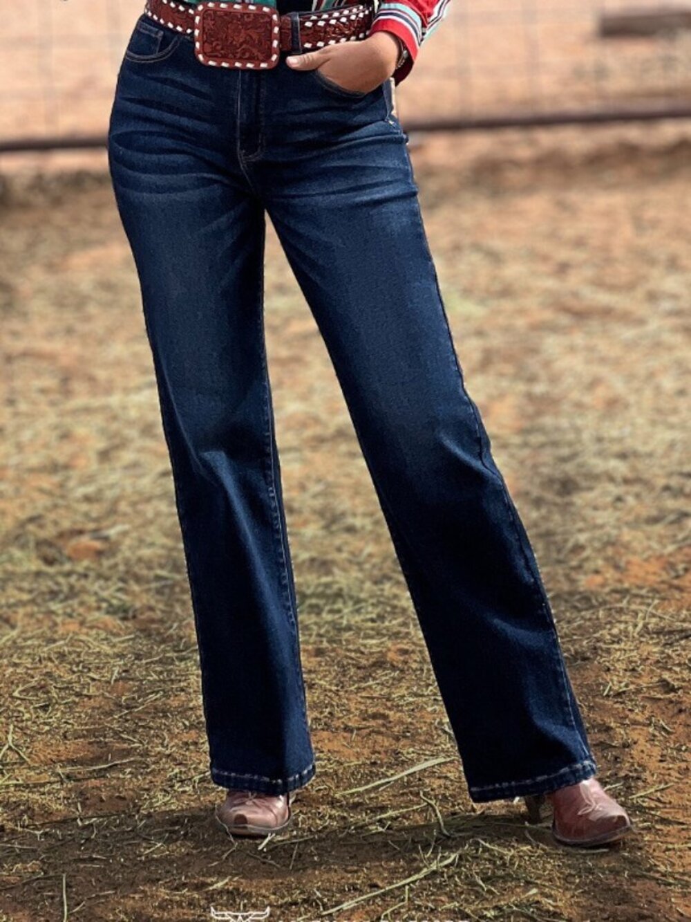 Lucky & Blessed Dark Wash Mid Rise Tummy Control Trouser Jeans